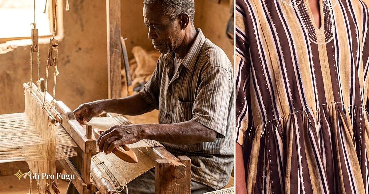 Master weaver at a narrow-strip loom in Northern Ghana weaving cotton for a fugu smock