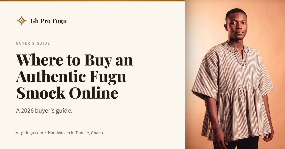 Authentic hand-woven Ghana fugu smock with Gh Pro Fugu certificate of authenticity and weaver tag