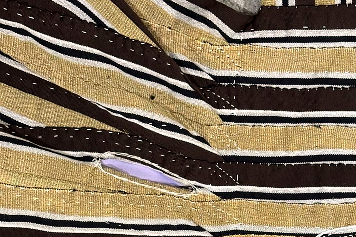 Dark brown, gold and cream multi-stripe with white pick-stitch on a Presidential Elite Brown & Gold fugu smock