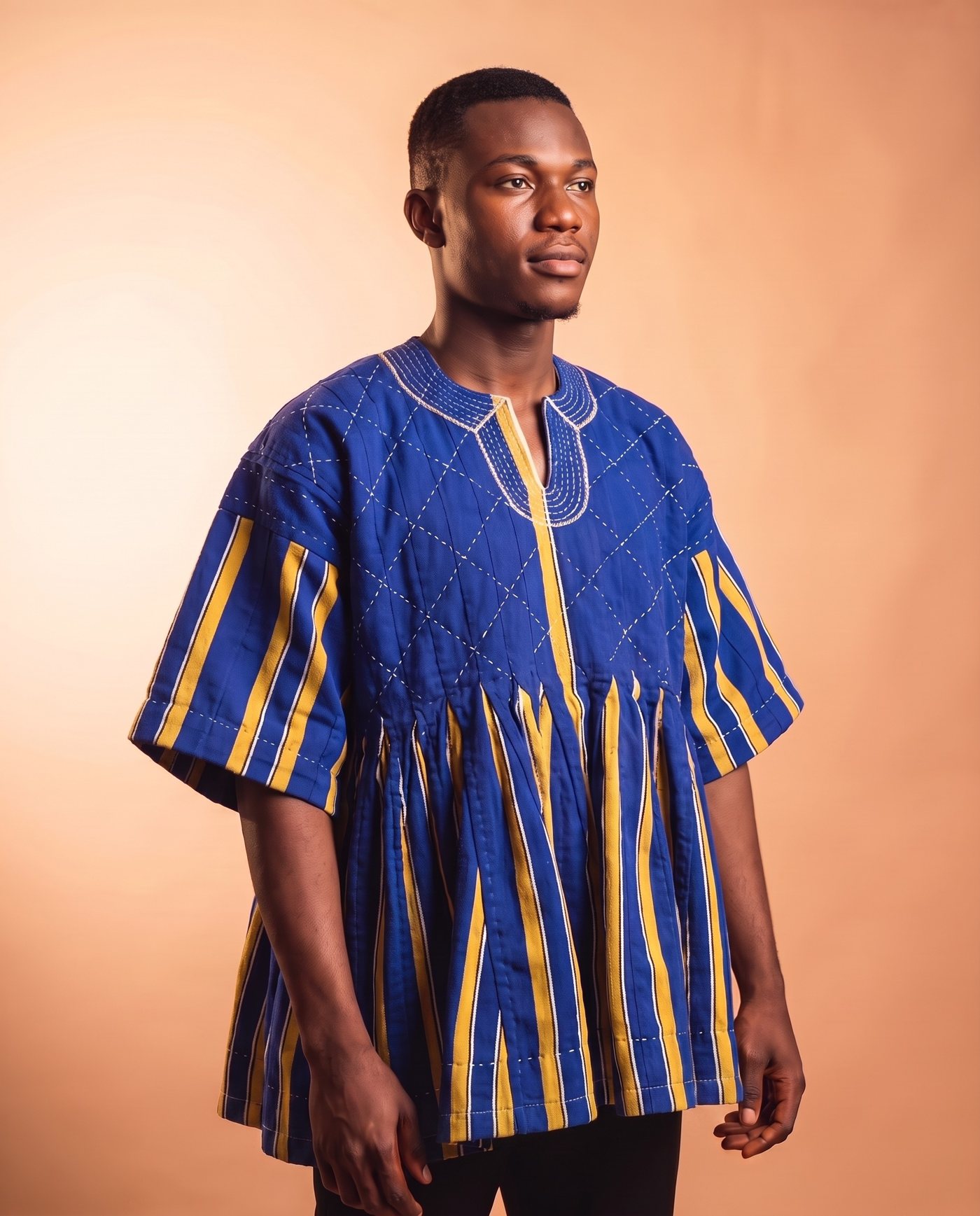 Blue & Gold Fugu Smock, worn