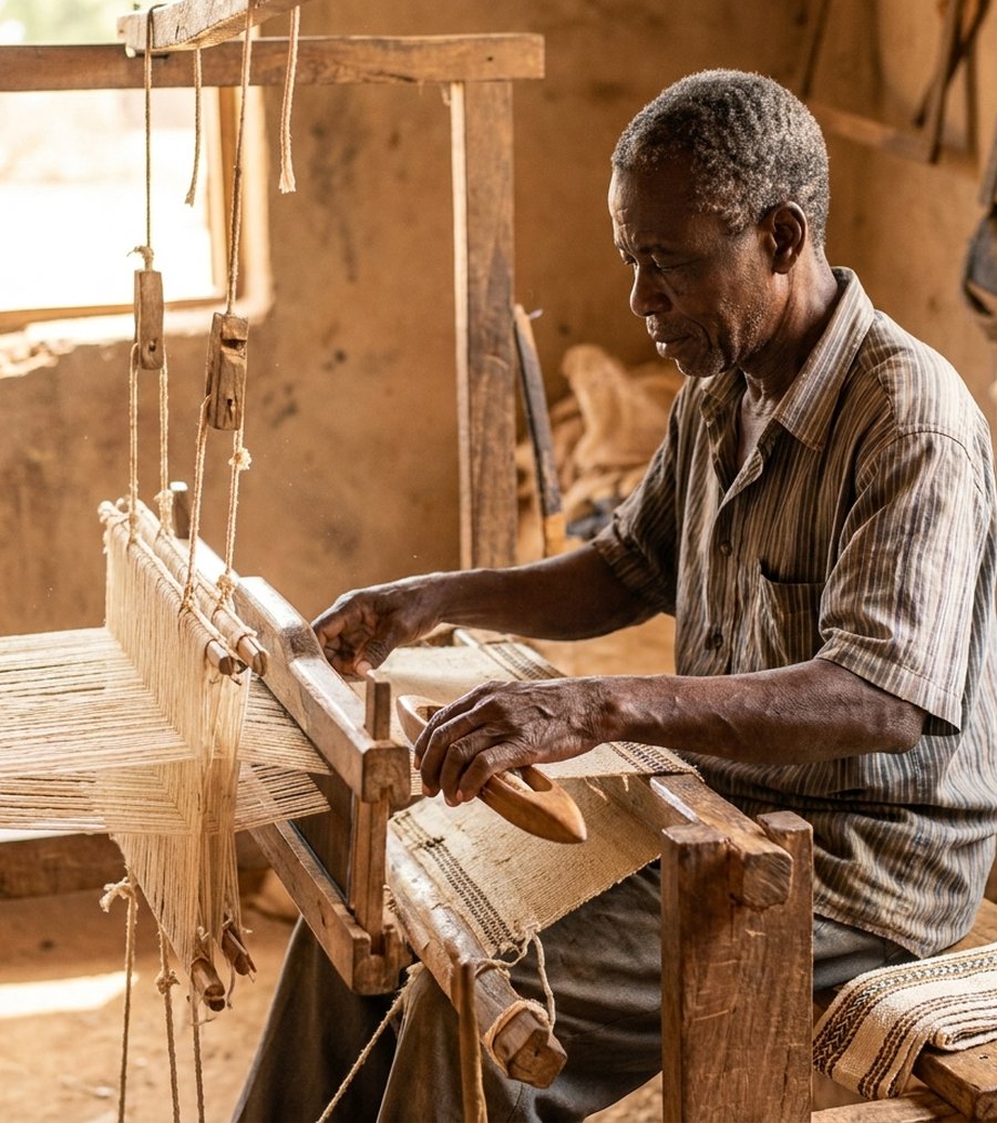 Master weaver at traditional loom in Tamale, Ghana